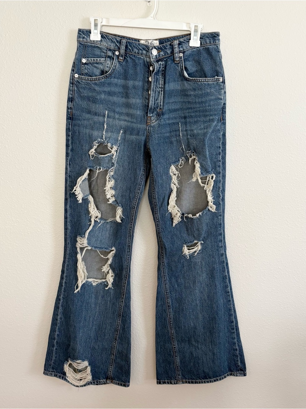 We The Free Free People New Dawn Flare Blue Jeans Distressed Button Fly Size 26